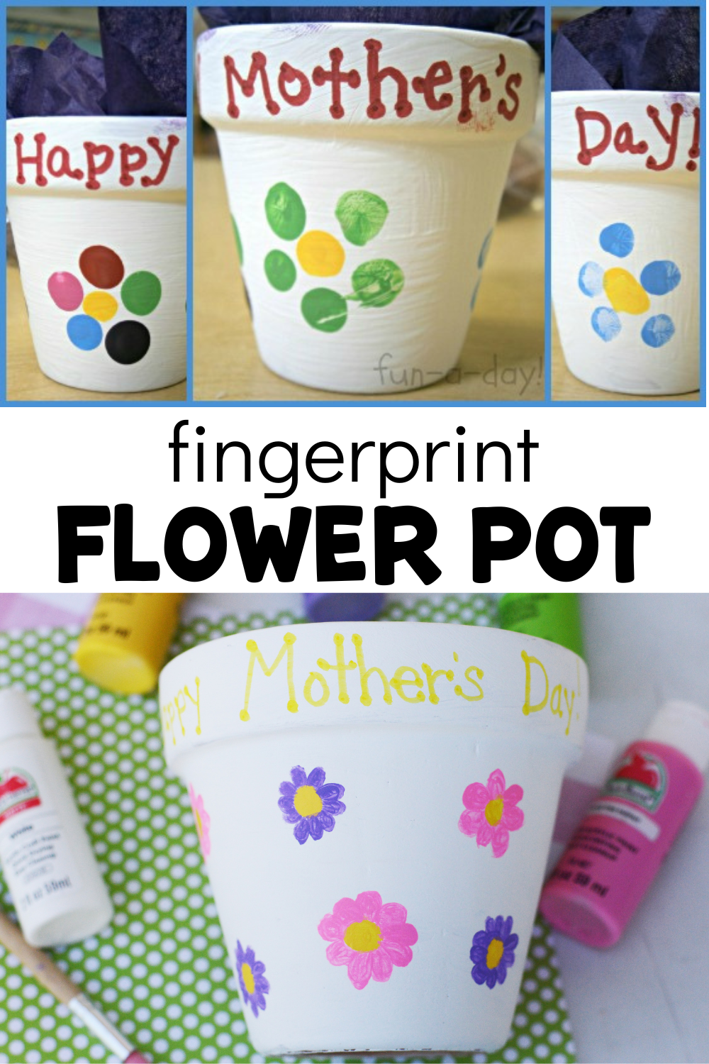 Examples of DIY fingerprint Mother's Day flower pot craft with text that reads fingerprint flower pot