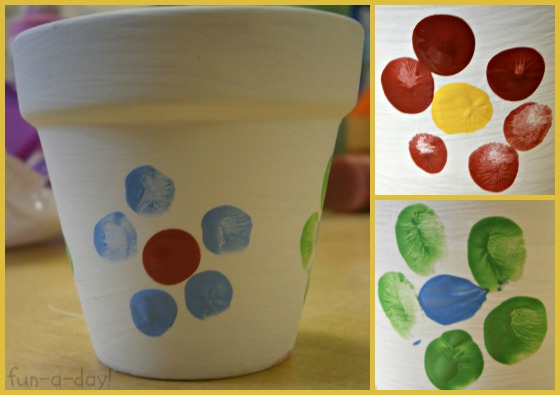 kid-made fingerprint flowers on Mother's Day flower pot craft