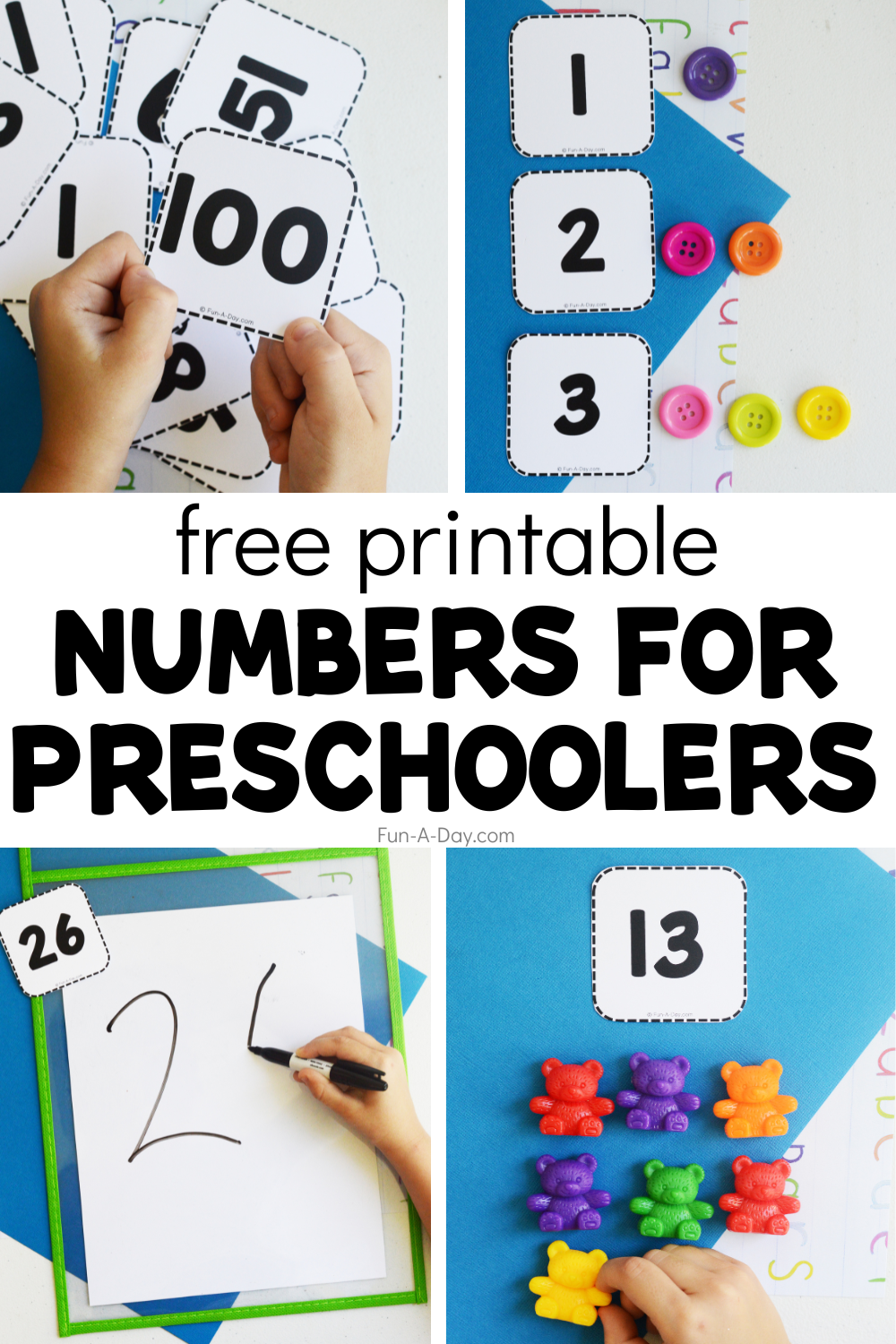 multiple uses of number cards with text that reads free printable numbers for preschoolers