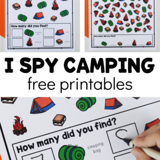 child counting camping images and I-spy pages with text that reads I Spy Camping free printables