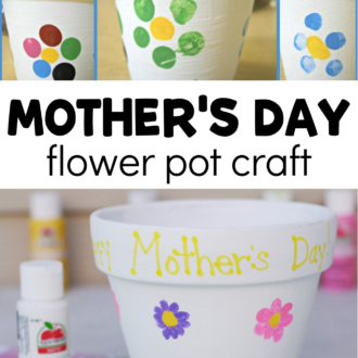 multiple views of kid-made craft with text that reads mother's day flower pot craft