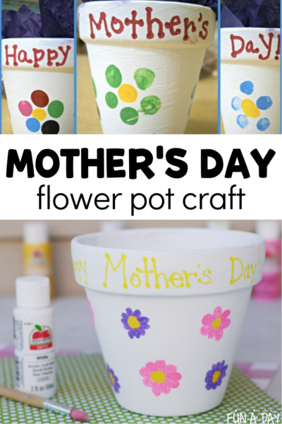 multiple views of kid-made craft with text that reads mother's day flower pot craft