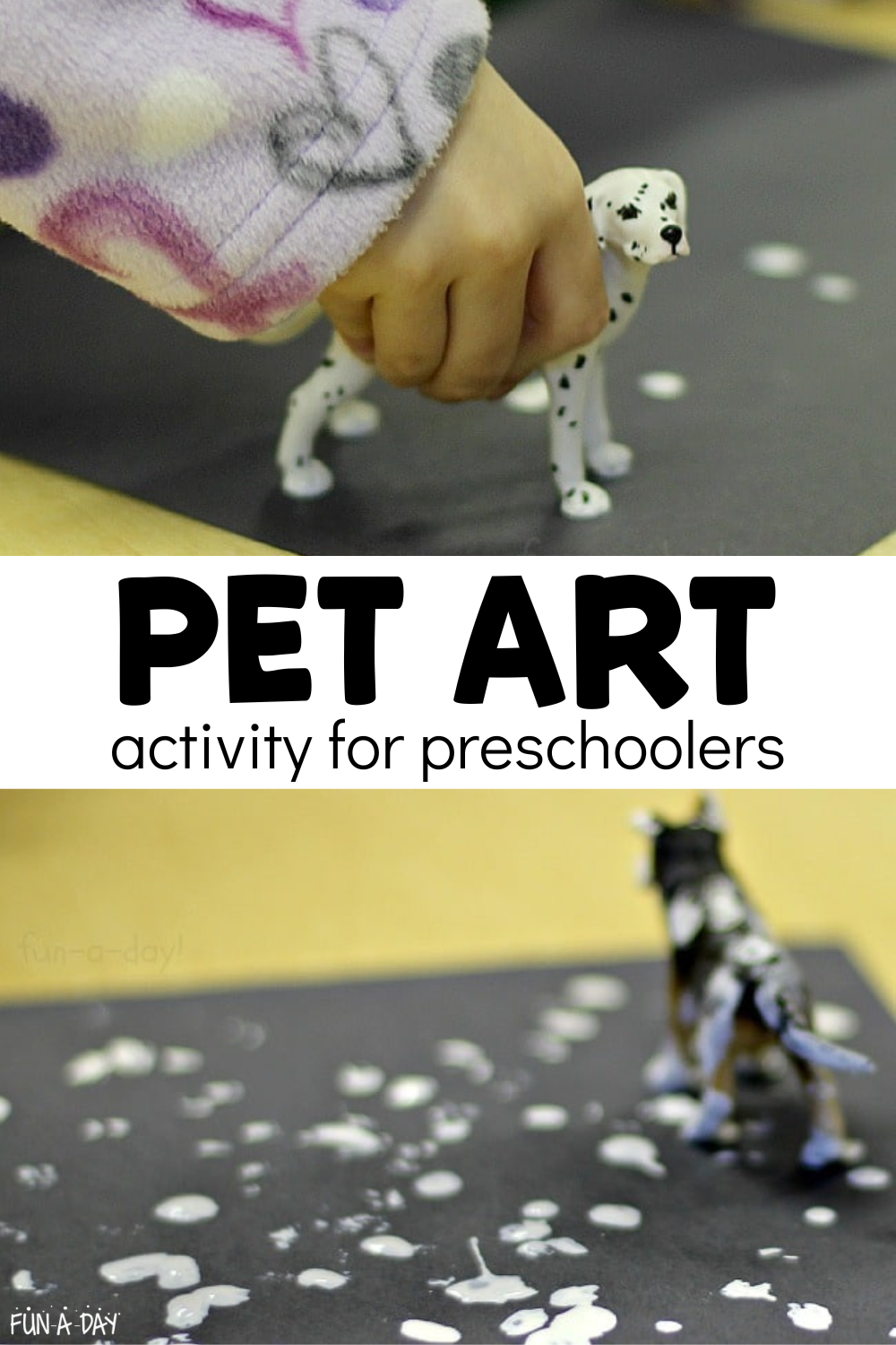 dog toys dipped in paint and stamped on paper with text that reads pet art activity for preschoolers