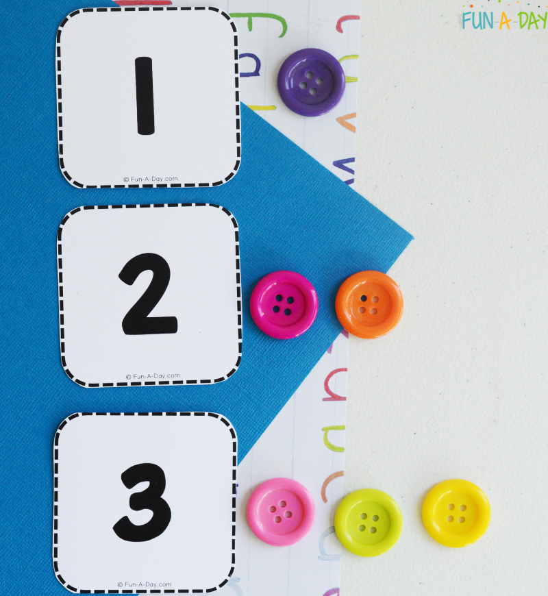 printable numbers 1, 2, 3 with coordinating number of buttons next to each