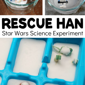 a few steps from science activity with text that reads rescue han star wars science experiment