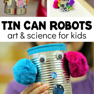 kids exploring magnets with text that reads tin can robots art and science for kids
