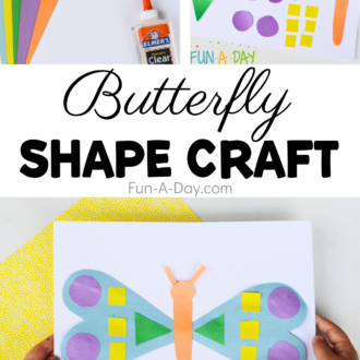 Supplies, prepared shapes, and completed shape butterfly craft with text that reads butterfly shape craft.