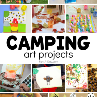 Ten camping art project ideas with text that reads camping art projects.