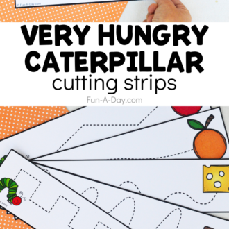 A set of fine motor strips and a patterning activity using buttons. Text that reads Very Hungry Caterpillar Cutting Strips.