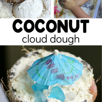 Kids using sensory filler with text that reads coconut cloud dough