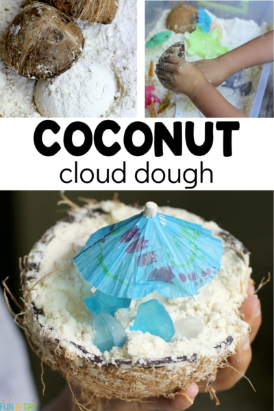 Kids using sensory filler with text that reads coconut cloud dough