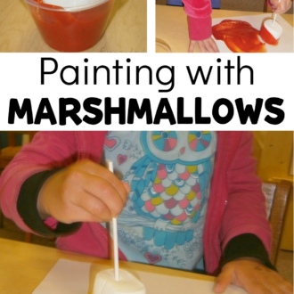 kids making art during camping theme with text that reads painting with marshmallows