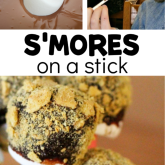 smores in process and being eaten with text that reads s'mores on a stick