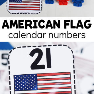 view of number cards and manipulatives with text that reads american flag calendar numbers
