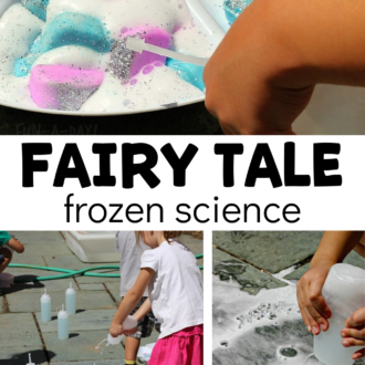 preschoolers outside with glittery, colorful, fizzy science activity with text that reads fairy tale frozen science