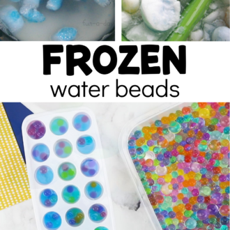 cold sensory play and science with text that reads frozen water beads
