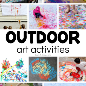 variety of art invitations for kids with text that reads outdoor art activities