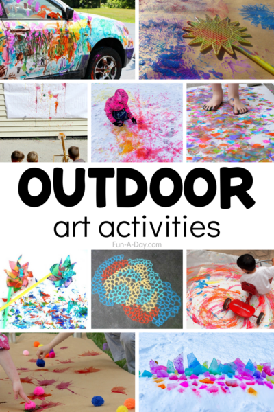 variety of art invitations for kids with text that reads outdoor art activities