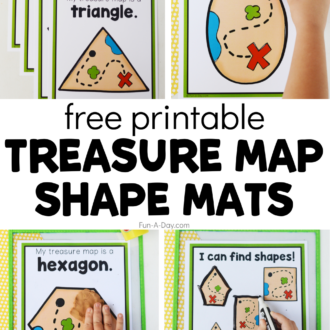 multiple views of using shape printables with text that reads free printable treasure map shape mats