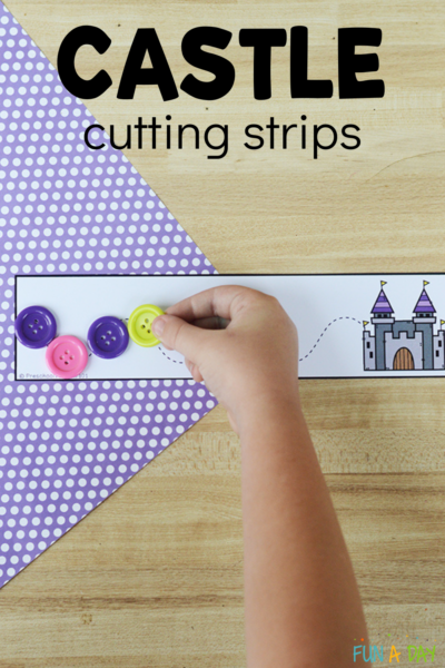 child placing buttons on fine motor printable with text that reads castle cutting strips