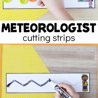 weather reporter fine motor printables in use with text that reads meteorologist cutting strips