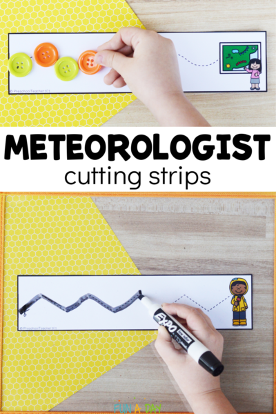 weather reporter fine motor printables in use with text that reads meteorologist cutting strips