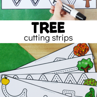 fine motor printables in use with text that reads tree cutting strips