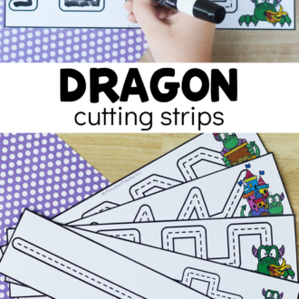 fine motor printables in use with text that reads dragon cutting strips