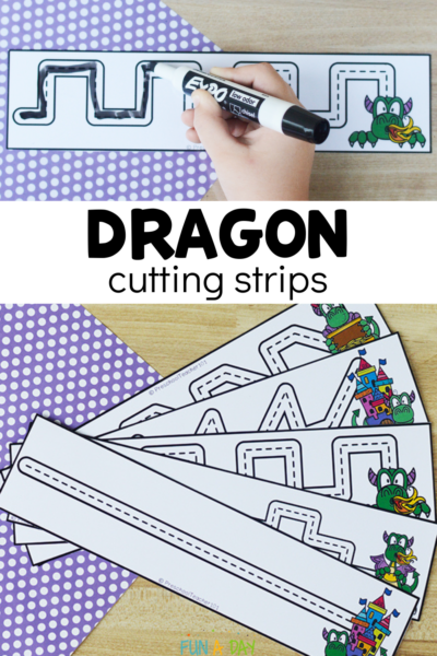 fine motor printables in use with text that reads dragon cutting strips