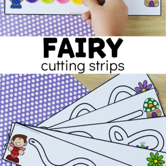 fine motor printables in use with text that reads fairy cutting strips