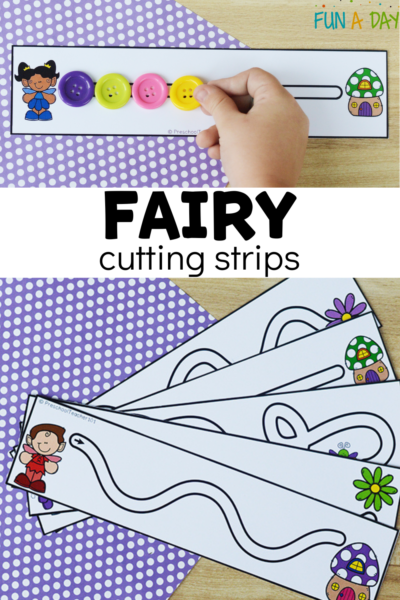 fine motor printables in use with text that reads fairy cutting strips