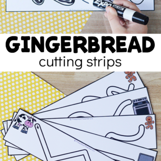 gingerbread man line tracing printables in use with text that reads gingerbread cutting strips