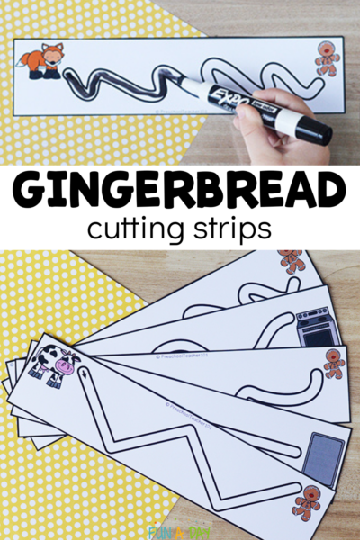 gingerbread man line tracing printables in use with text that reads gingerbread cutting strips