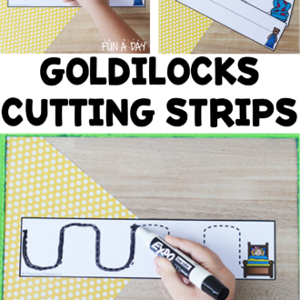 cutting practice printables in use with text that reads goldilocks cutting strips
