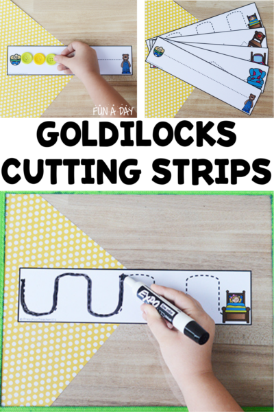 cutting practice printables in use with text that reads goldilocks cutting strips