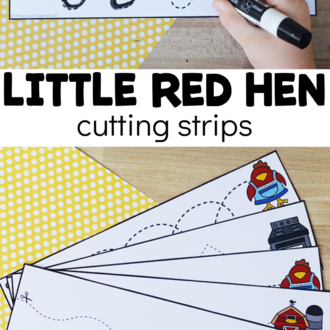 examples of fine motor printables in use with text that reads little red hen cutting strips