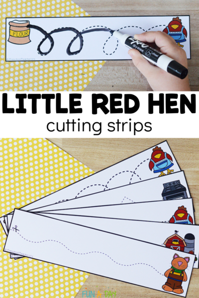 examples of fine motor printables in use with text that reads little red hen cutting strips