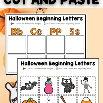 2 halloween cut and paste printable pages with a Halloween-themed background