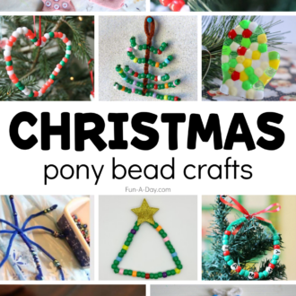 children's handmade ornaments with text that reads Christmas pony bead crafts