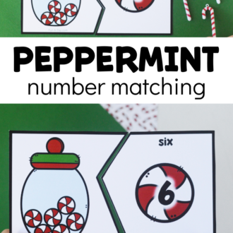 child using printable puzzles with text that reads peppermint number matching