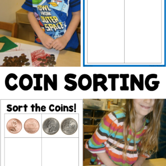 smiling preschoolers sorting coins, coin sorting mats, and text that reads coin sorting