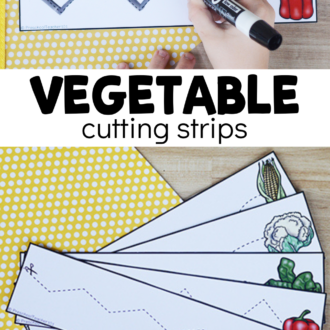 preschool printables in use with text that reads vegetable cutting strips