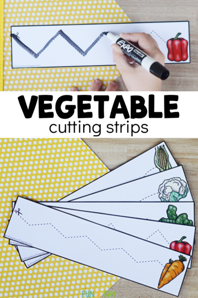 preschool printables in use with text that reads vegetable cutting strips