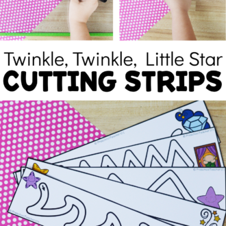 child using line tracing printables with text that reads twinkly star cutting strips